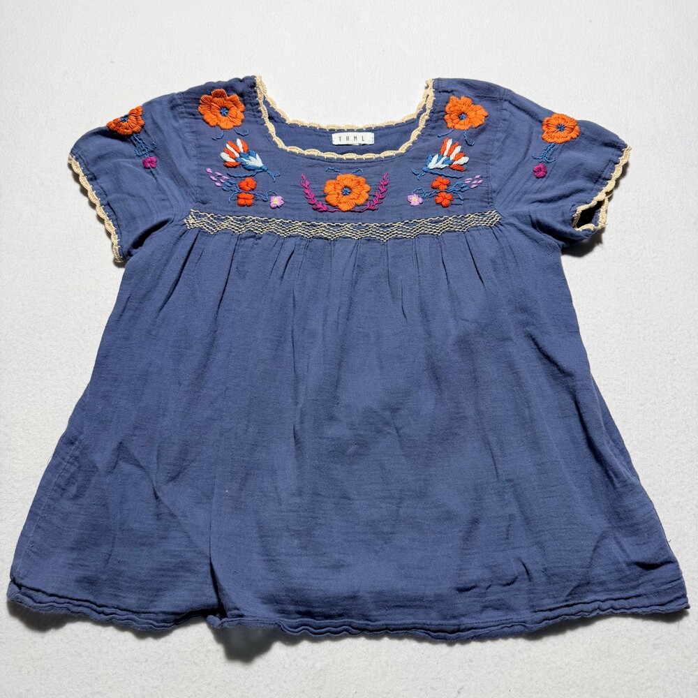 THML Navy Blue Embroidered Top Size S Floral Crochet Trim